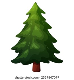 Green fluffy Christmas tree in cartoon style not decorated. Symbol of New Year and Christmas. Vector illustration of coniferous tree on white background