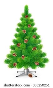 Green fluffy Christmas tree with cones, isolated on white background, vector illustration