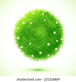 Green fluffy grass vector ball with chamomiles