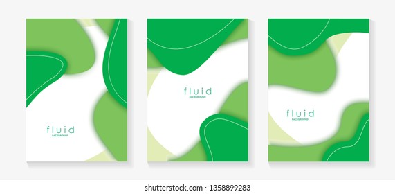 Green Fluid 3D Papercut Cover Set. Dynamic Background for invitation, booklet or business card design. Modern Vector paper background