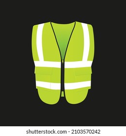 Green fluorescent safety vest reflective at night, realistic 3d mockup. Yellow protective tape jacket for construction or road worker isolated on black background, vector mock up illustration.