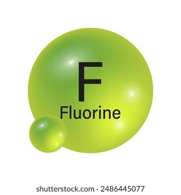 Green fluorine atom. Glossy element icon. Chemistry symbol. Vector illustration.