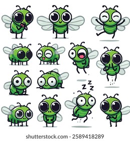 Green fly with different emotions