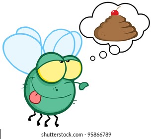 Green Fly Flying and Dreaming About A Poop Cake.Vector Illustration