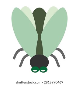 Green fly. Hand drawn vector flat. Animal. Flying insect. Bug, hexapod. Wings, legs. Pest. Color illustration.