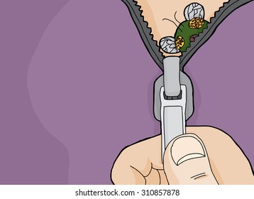 Green fly hiding inside open zipper cartoon