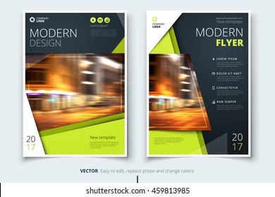 Green Flyer design. Corporate business template for brochure, annual report, catalog, magazine. Layout with bright color and abstract city photo placeholder. Leaflet, poster, flier or cover concept