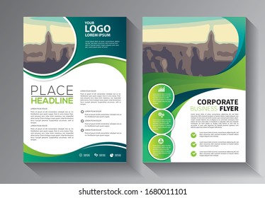 green flyer design, cover modern layout, annual report, poster, brochure in A4 with colorful triangles, geometric shapes for tech, science, market with light background