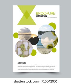 Green flyer design template with built in images. Brochure for business, education, presentation, advertisement. Corporate identity style concept. Editable vector illustration.