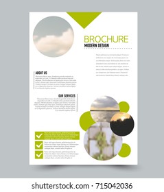 Green flyer design template with built in images. Brochure for business, education, presentation, advertisement. Corporate identity style concept. Editable vector illustration.