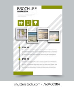 Green flyer design template with built in images. Brochure for business, education, presentation, advertisement. Corporate identity concept. Editable vector illustration.