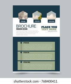 Green flyer design template with built in images. Brochure for business, education, presentation, advertisement. Corporate identity concept. Editable vector illustration.
