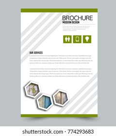 Green flyer design template with built in images. Brochure for business, education, presentation, advertisement. Corporate identity concept. Editable vector illustration.