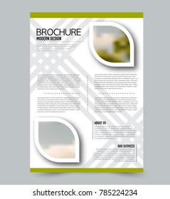 Green flyer design template with built in images. Brochure for business, education, presentation, advertisement. Corporate identity concept. Editable vector illustration.