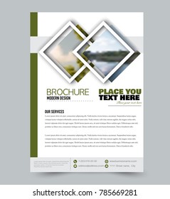 Green flyer design template with built in images. Brochure for business, education, presentation, advertisement. Corporate identity concept. Editable vector illustration.