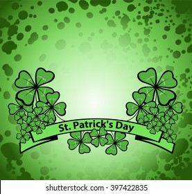 Green flyer on the theme of St. Patrick's Day. Vector illustration with  four leaf. Copy space