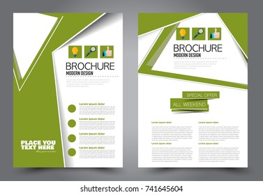 Green flyer template design. Brochure abstract background for business, education, presentation, advertisement. Corporate identity style concept. Editable vector illustration.