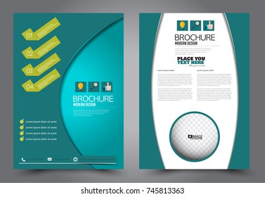 Green flyer template design. Brochure abstract background for business, education, presentation, advertisement. Corporate identity style concept. Editable vector illustration.