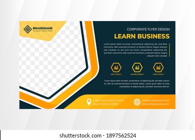 Green Flyer Template Design With Example Headline Is Learn Business. Hexagon For Space Of Photo Collage. Advertising Banner With Horizontal Layout. Dark Green Background With Mosaic Yellow Element.  