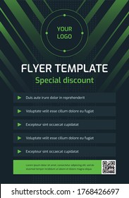 Plantilla de folleto verde con código qr, banner, vector de afiches. Presentación de correo electrónico, fiesta, taller, evento, seminario web, conferencia con su logotipo