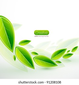 Green flying abstract leaves. Nature vector background