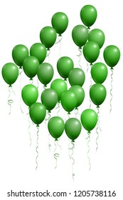 Green flying balloons isolated vector, birthday party decoration. Bright flying helium balloons isolated on white background. Party decor, birthday surprise or gift element design