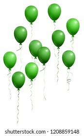 Green flying balloons isolated vector, birthday party decoration. Bright flying helium balloons isolated on white background. Party decor, birthday surprise or gift element design