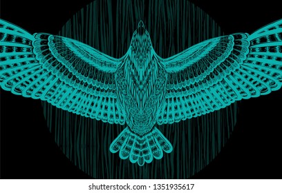 green flying bird and fibers on the black background. Zentangle.