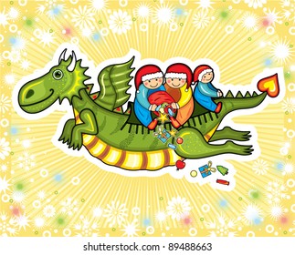 Green flying dragon with children sitting on his back with a bag of gifts