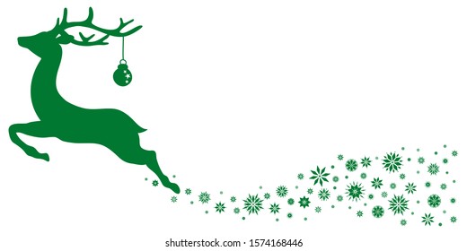 Green Flying Reindeer With Christmas Ball Looking Forward Stars