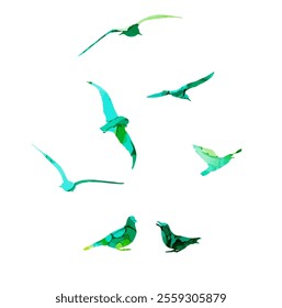 green flying seagulls. hand drawing. Not AI. Vector illustration.