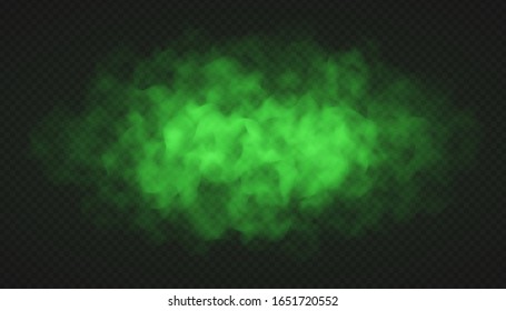 Green fog, bad smell or toxic smoke cloud isolated on transparent background. Realistic smog, haze, mist or cloudiness effect. Realistic vector illustration.