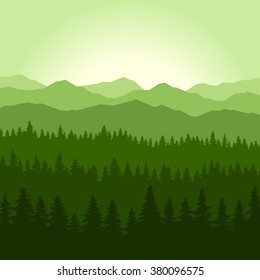 Green Fog Coniferous Forest and Mountains Background. Vector