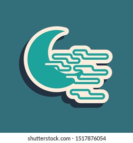 Green Fog and moon icon isolated on blue background. Long shadow style. Vector Illustration