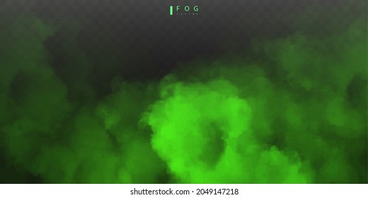 Green fog or smok. Realistic fog. Atmosphere mist effect and smoke clouds isolated on transparent background. Vector abstract cloud texture