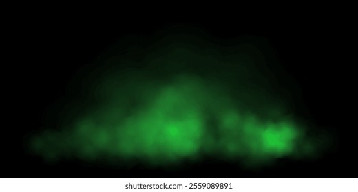 Green fog or smoke cloud on black background. Realistic smoke effect vector illustration. Gas cloud, smoky mist, toxic vapor, meteorological phenomenon, condensation over land or water surface.