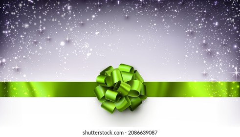 Green foil ribbon with beautiful bow on purple background with stars. Space for text. Vector illustration.