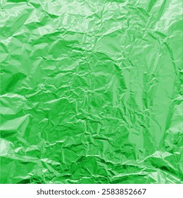 Green foil wrinkled texture. Vector realistic aluminum paper sheet. Crumpled metallic surface background. Glitter wrapped package pattern. Glister reflective tinfoil surface backdrop