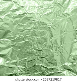 Green foil wrinkled vector texture. Realistic aluminum paper sheet. Crumpled metallic surface background. Glitter wrapped package pattern. Glister reflective tinfoil surface backdrop