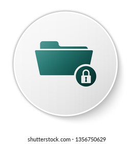 Green Folder and lock icon isolated on white background. Closed folder and padlock. Security, safety, protection concept. White circle button. Vector Illustration