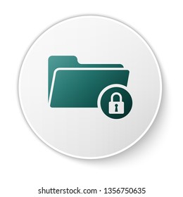 Green Folder and lock icon isolated on white background. Closed folder and padlock. Security, safety, protection concept. White circle button. Vector Illustration