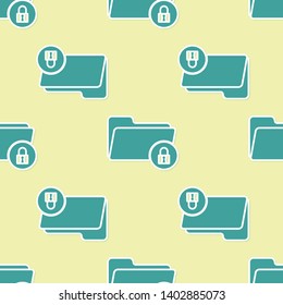 Green Folder and lock icon isolated seamless pattern on yellow background. Closed folder and padlock. Security, safety, protection concept. Vector Illustration