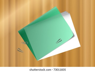 Green folder with papers and paperclips on wooden background. EPS10 vector format