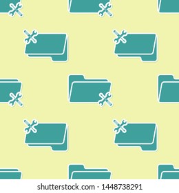 Green Folder with screwdriver and wrench icon isolated seamless pattern on yellow background. Adjusting, service, setting, maintenance, repair, fixing.  Vector Illustration