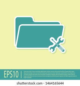 Green Folder with screwdriver and wrench icon isolated on yellow background. Adjusting, service, setting, maintenance, repair, fixing.  Vector Illustration