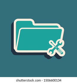 Green Folder with screwdriver and wrench icon isolated on blue background. Adjusting, service, setting, maintenance, repair, fixing. Long shadow style. Vector Illustration