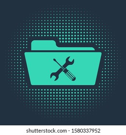 Green Folder with screwdriver and wrench icon isolated on blue background. Adjusting, service, setting, maintenance, repair, fixing. Abstract circle random dots. Vector Illustration