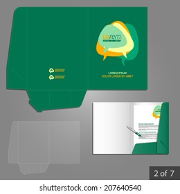 Green folder template design for company with dialog clouds. Element of stationery.