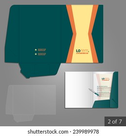 Green folder template design for company with yellow vertical line. Element of stationery.