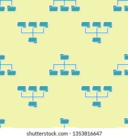 Green Folder tree icon isolated seamless pattern on yellow background. Computer network file folder organization structure flowchart. Flat design. Vector Illustration